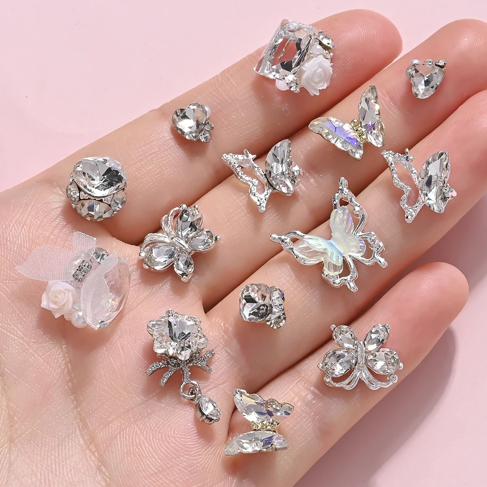 3D helder kristal vlinder steentjes nail art charmes 20 stuks gemengde metalen vlinders bloem bungelen diamant nagel edelstenen nagel ambachten
