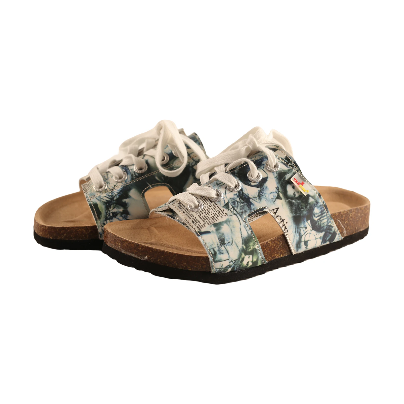 TMA EYES Damen Kunstvolle Schnür-Sandalen mit breiter Passform, Korksohlen, Zeitungsmuster, Lässige Slip-On Sommerschuhe – Detail 4