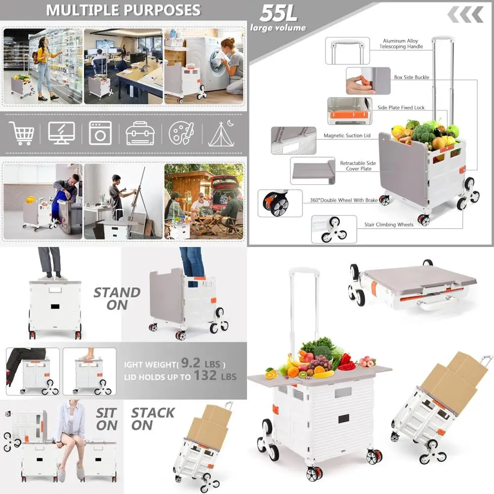 

Collapsible Stair-Climbing Cart with Magnetic Lid, Telescoping Handle, and 360° Swivel Wheels for Teachers and Movers (Milky Whi