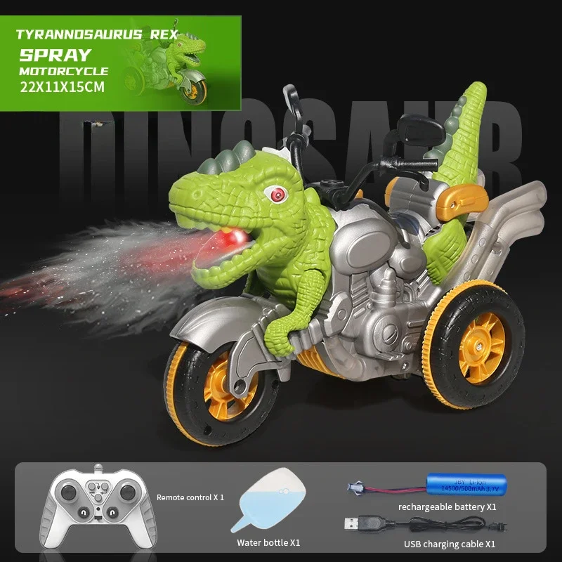 2.4G RC Spray Dinosaur Stunt Car with Lights Tyrannosaurus Rex Motorcycle, Steam Spray, Cool Lights & Sound, 360° Rotation