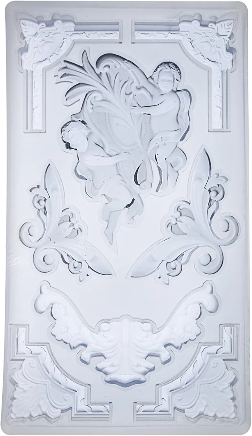 Baroque Relief Embossed Art Silicone Mold Cupid Frame for Polyclay Air Dry Clay Plaster, Decorative Column and Sculpture Statue