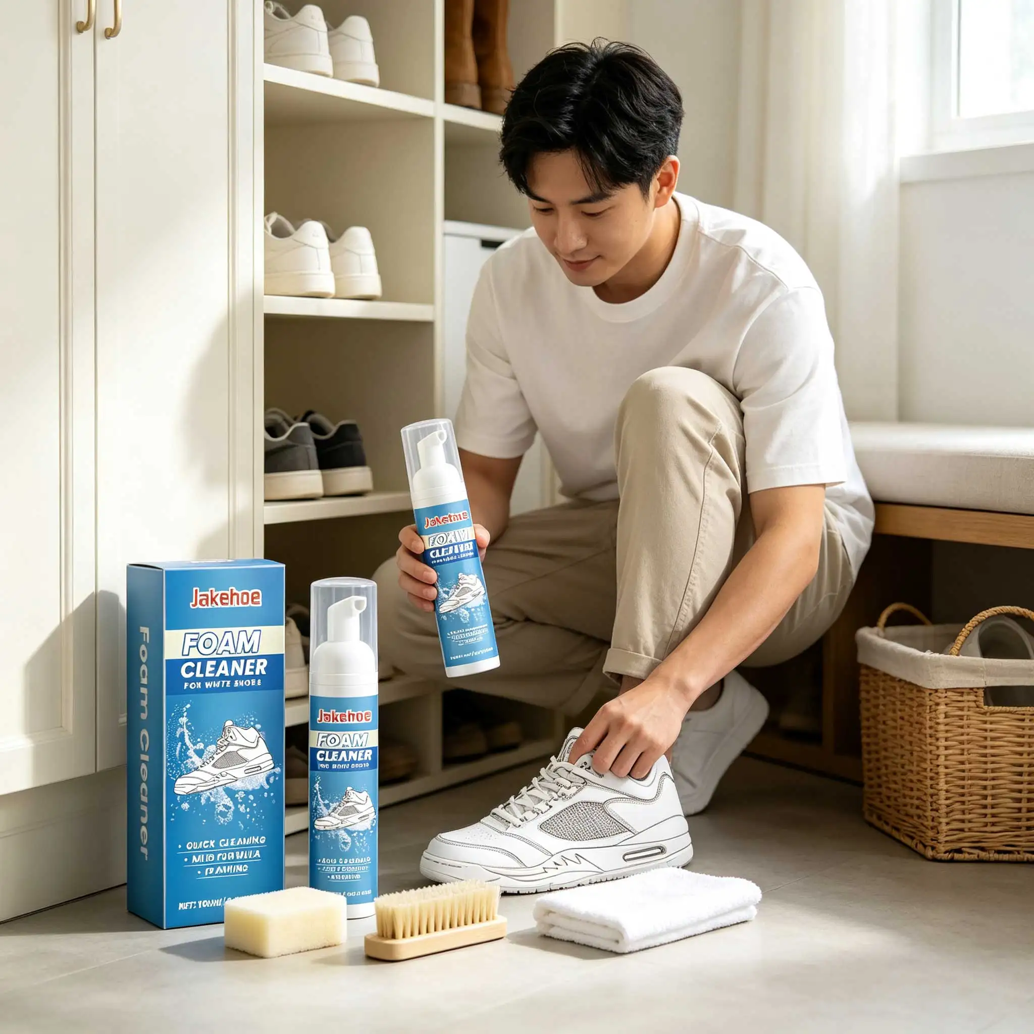 Jakehoe White Shoe Cleaning Foam Cleaner Spray Yellowing Remover No-Wash Quick Dry Multipurpose Dry Cleaning Sneaker Care Kit