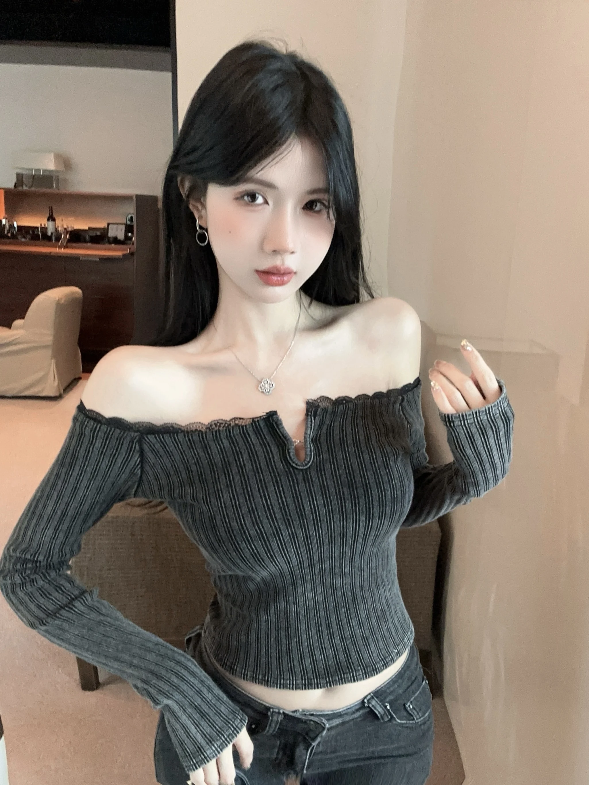 

Slim Fit Short Sleeve T-Shirt Women's Spring Pure Desire Spicy Girl Lace Trim One Shoulder Top Commute Style Striped Pattern