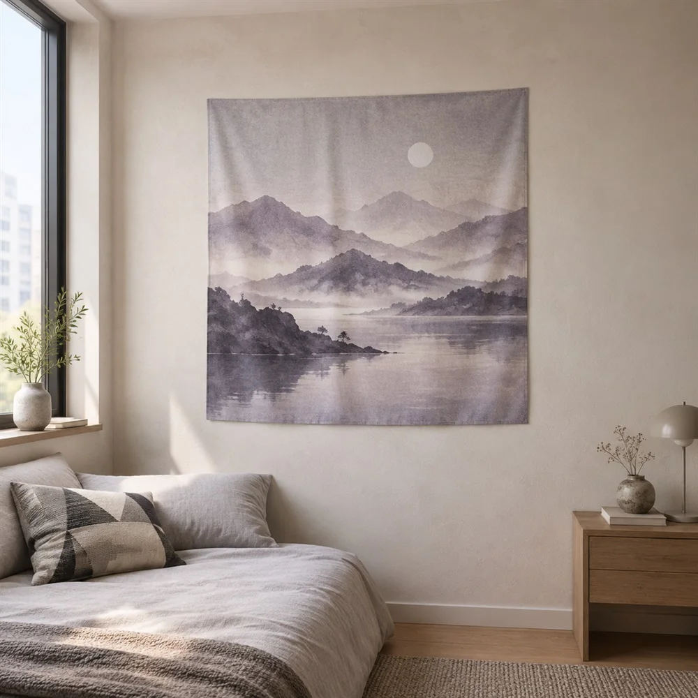VIKAMA Muted Mountain Mist Center Panel Tapestry Wall Hanging, Wabi Sabi Wall Art Tapestries for Bedroom Living Room Study Dorm