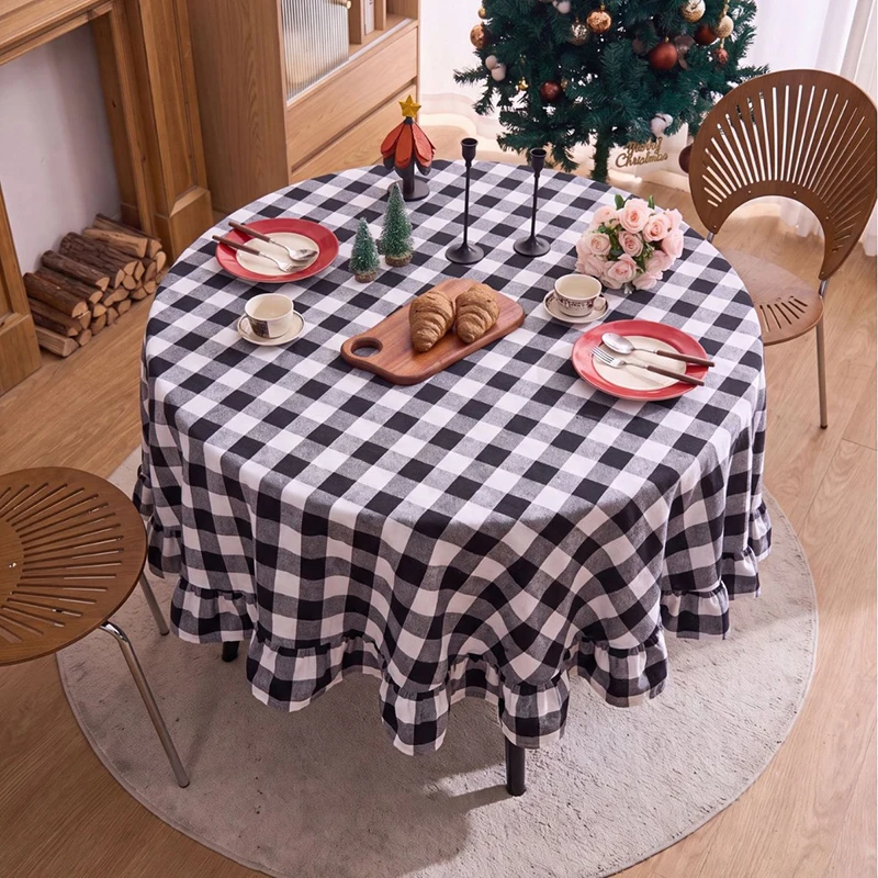 Vintage Buffalo Plaid Ruffle Tablecloth Round Washable Fabric for Kitchen Dining Baby Shower Wedding Christmas Table Decorations
