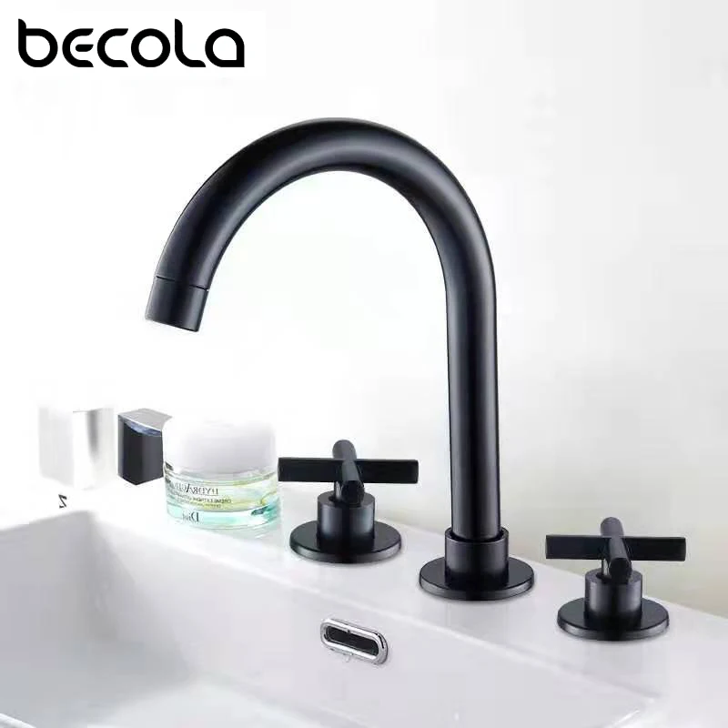 

BECOLA Black Basin Faucets Brass Polished Chrome Deck Mounted Bathroom Sink Faucets 3 Hole Double Handle Hot And Cold Water Tap