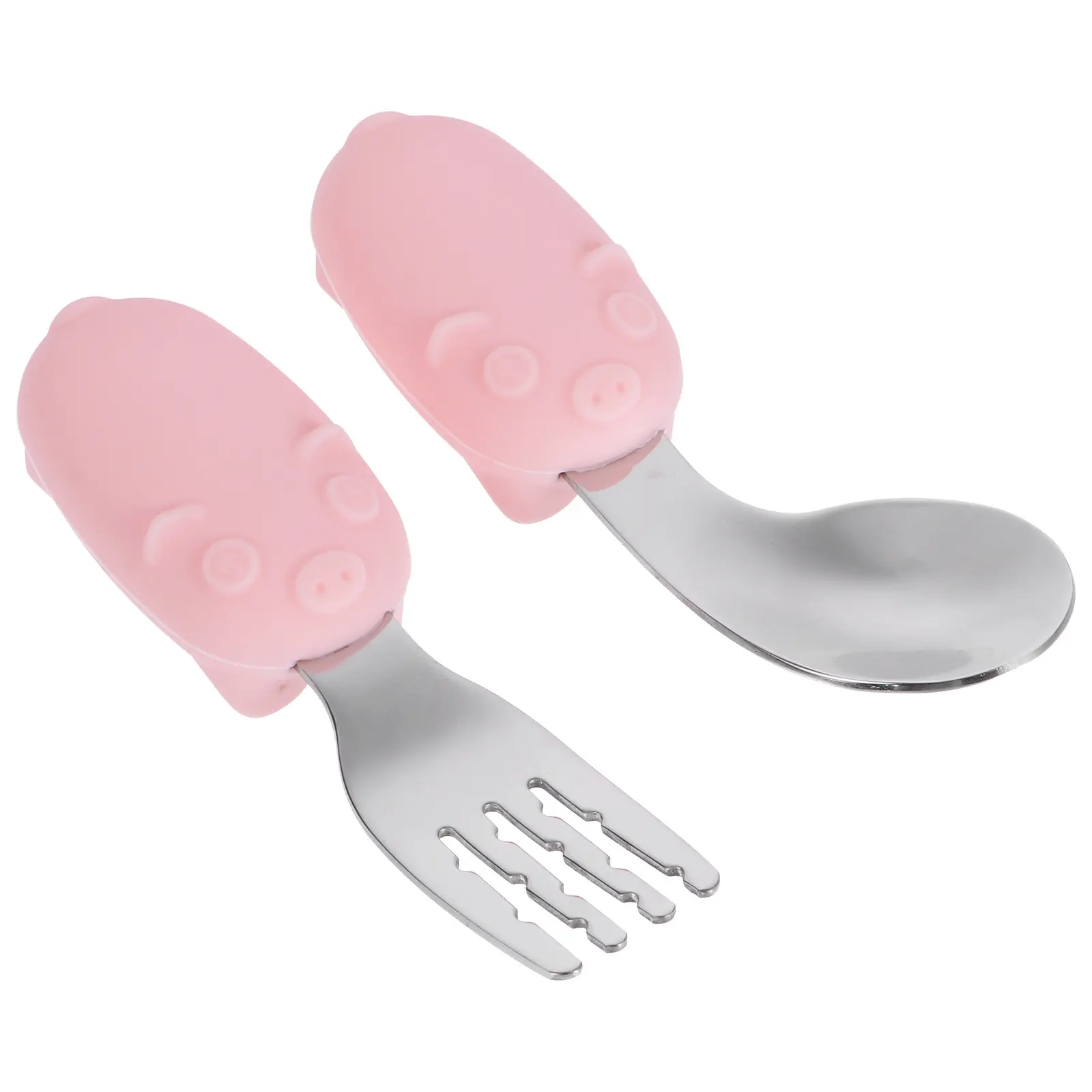 

1Set Infant Feeding Spoon and Fork Set Premium Stainless Steel Silicone Baby Tableware Smooth Edge Non Slip Handle Training