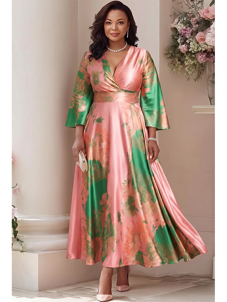Damen Übergröße Satin Blumen-Maxikleid V-Ausschnitt Trompetenärmel 3/4 Ärmel Hohe Taille A-Linien-Rock Elegante Formelle Abendkleider