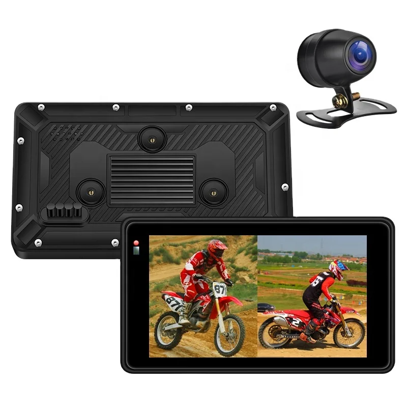 Waterproof Motorcycle Navigation Monitor Device Wireless CarPlay Android Auto Monitor Front Back DVR