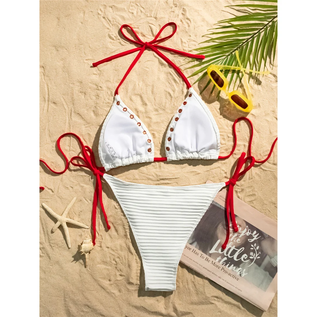 Neuer, verführerischer Bikini mit Trägern und hohem Beinausschnitt, Damen-Badeanzug, zweiteiliges Bikini-Set, Badebekleidung, Badeanzug, Modell V6513. – Detail 10