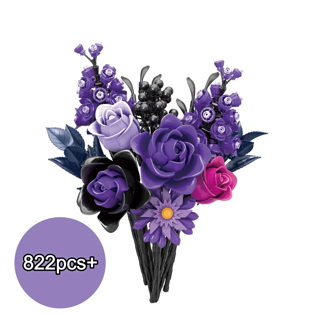 

2025 Creative Romantic Purple Rose Bouquet Building Blocks DIY tabletop decorations Model Valentines Day Gifts For Women Girls