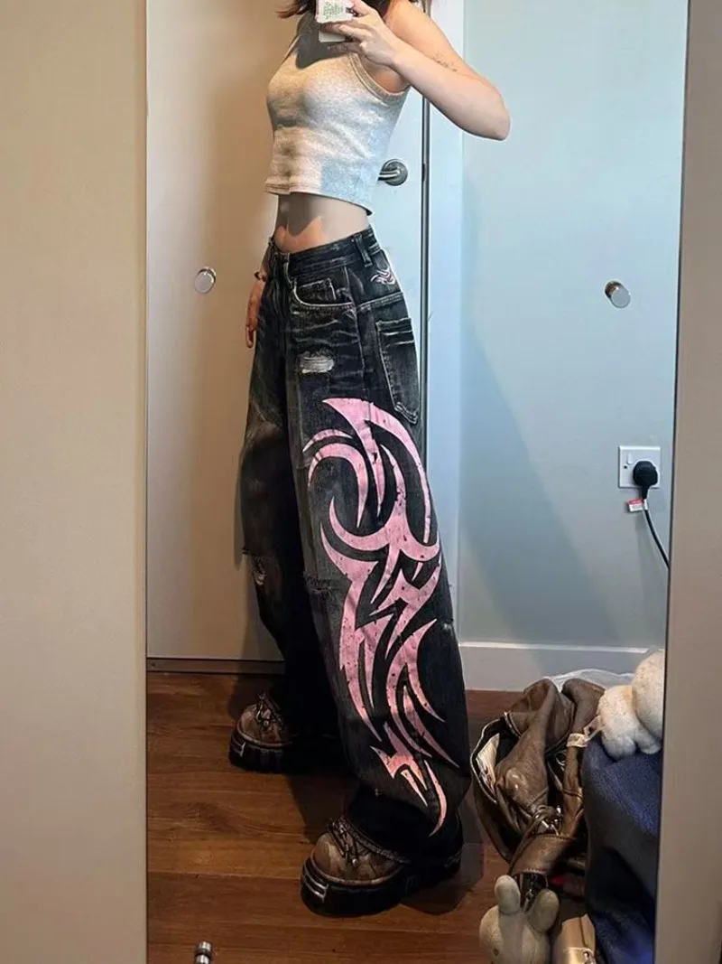 عالية الشارع الشهير المطبوعة Y2k الجينز النساء الشباب الهيب البوب فضفاض جان الرجال للجنسين موضة بنطال ذو قصة أرجل واسعة موضة Y2k الملابس الدنيم بانت #4