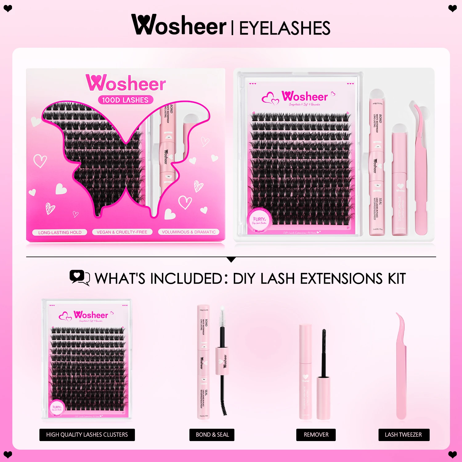 WOSHEER 속눈썹 클러스터 키트 두꺼운 개별 속눈썹 접착제 및 리무버 인조 밍크 속눈썹 연장 DIY