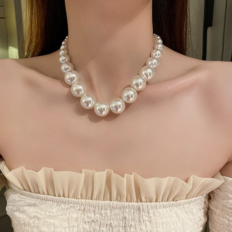 Vintage Bohemian Big Beads Pearl Choker Necklace For Women Girls New Luxury Bride Clavicle Chain Wedding Jewelry