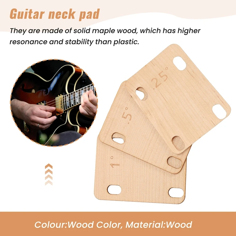 3Pcs Guitar Neck Shims, Solid Maple Wood Guitar Neck Shim Protection 0.25, 0.5 And 1 Degree Guitar Neck Plate Tool view 2