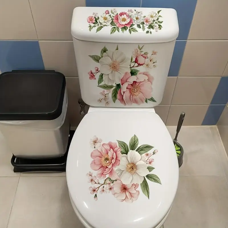 Waterproof Floral Toilet Decals Self Adhesive Vivid Pattern Affordable Stickers for Budget Bathroom Renovation Decor