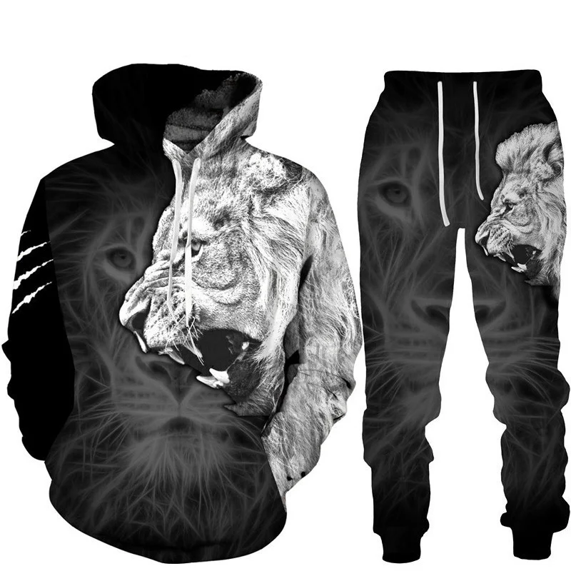 Animal Lion 3D Printed Tracksuit Set Man Woman Hoodie + Pants 2pcs Sets Fashion Casual Men\'s Sportswear Couple Pullover Clothing