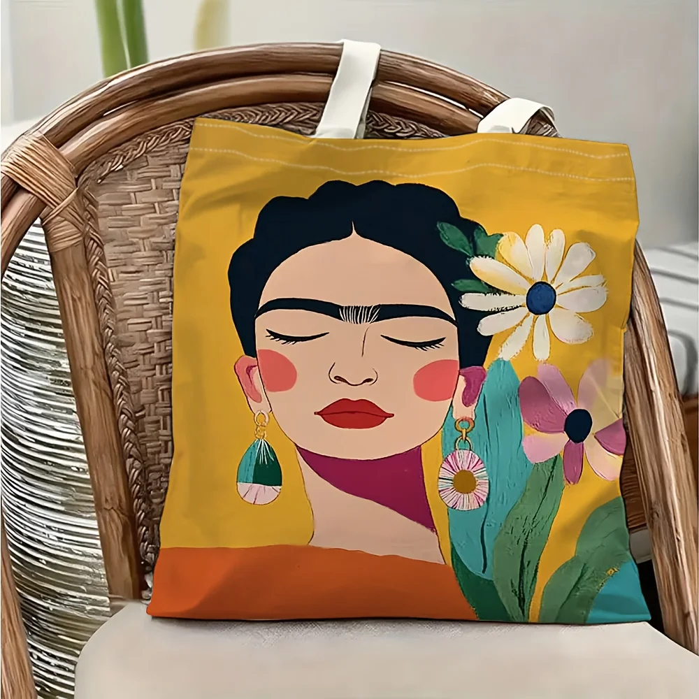 1 bolsa de compras de lona reutilizable con estampado floral inspirado en Frida Kahlo, adecuada para uso diario, compras, escuela y viajes.