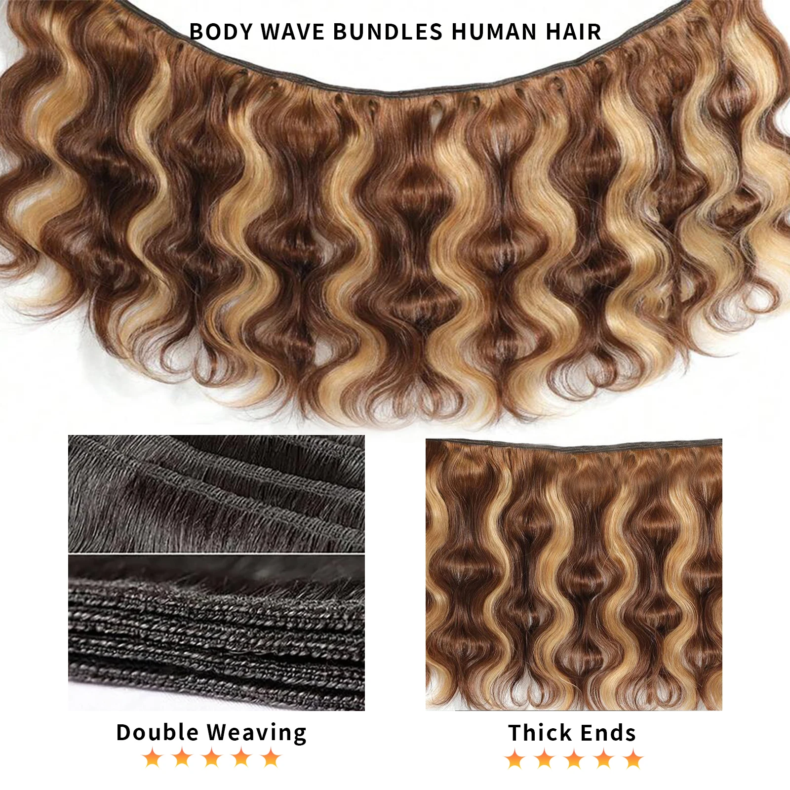 Human Hair Bundles Body Wave 3 4 Bundles 4/27 Honey Brown 100% Unprocessed Human Hair Wavy Doule Drawn Bundles Weave Extensions