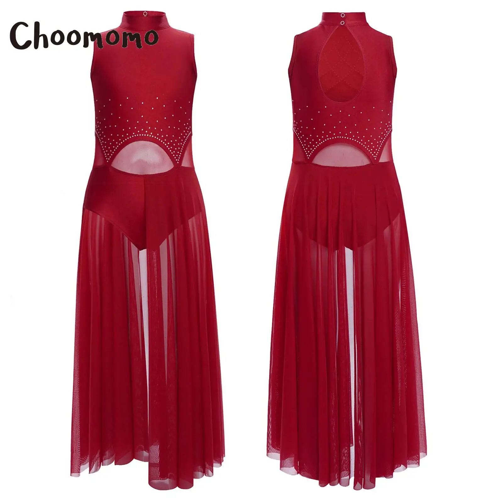 

Girls Ballet Lyrical Dance Dress Rhinestones Sleeveless Sheer Mesh Split Contemporary Gymnastics Figure Skating Dance Costumes