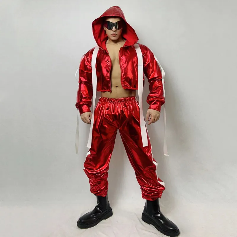 Bar Nightclub DJ Dancer Performance Stage Wear Hip Hop Jazz Dance Red Hooded Bandage Tops Pants Costume Singer Show Rave Outfit