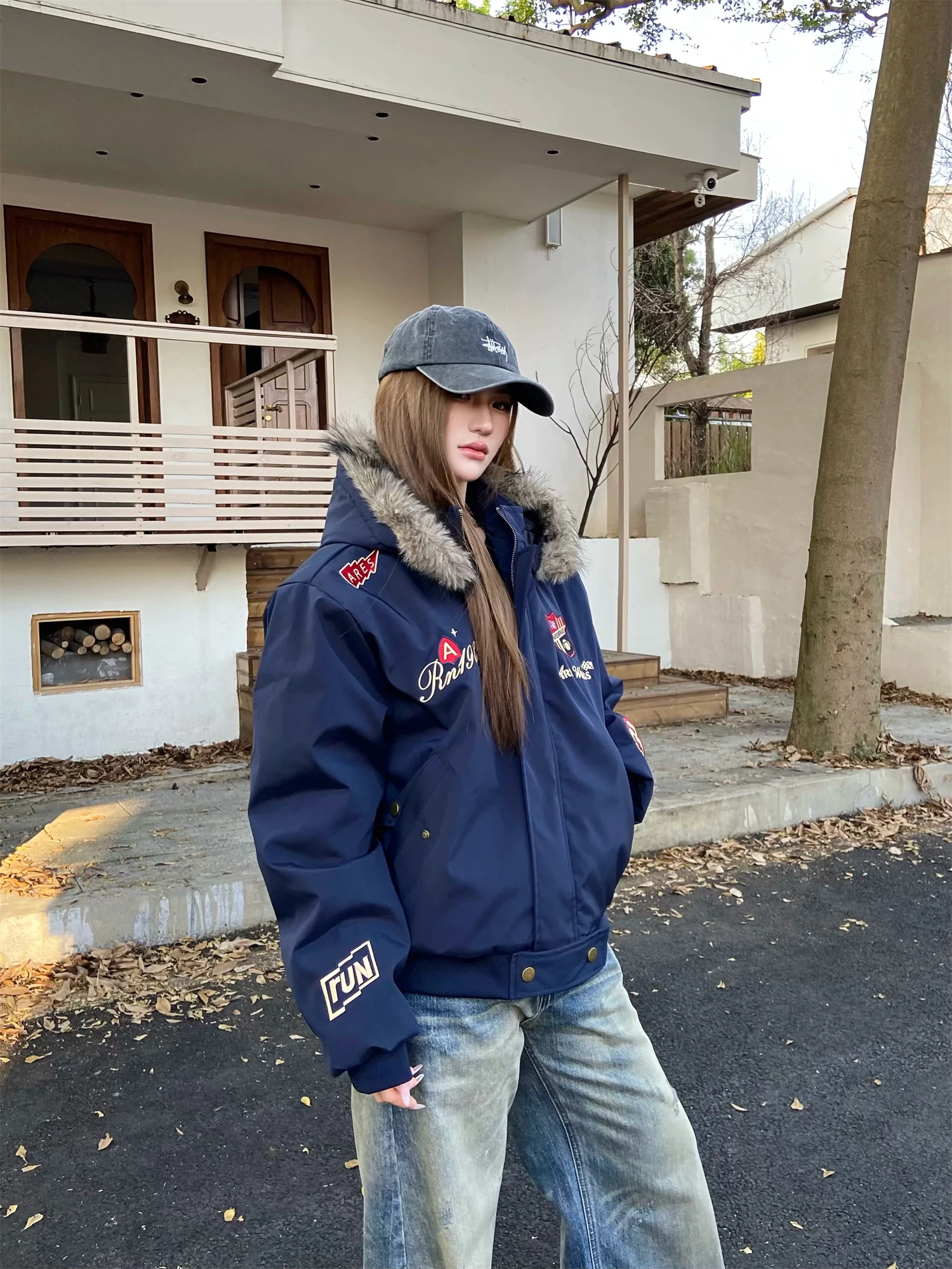 Vintage Retro Faux Fur Trim Hooded Bomber Jacket Women Embroidered Patches Oversized Fall Winter Streetwear Outerwear