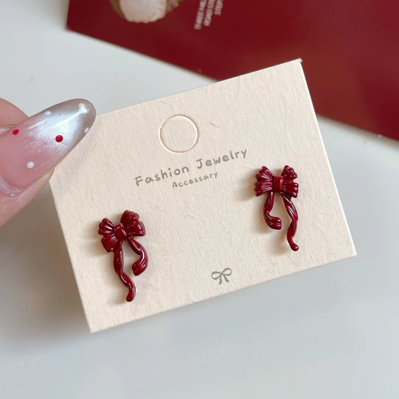 الرجعية نمط الأحمر Bowknot وأقراط للنساء الفتيات أقراط بسيطة ثقب الباليه الشريط جماليات أنيقة الأذن مجوهرات هدايا #5