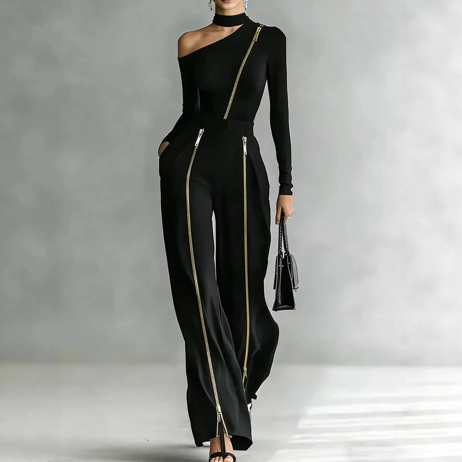 

Women's Two-piece Slim-fit Long-sleeved Double-zipper Wide-leg Pant 2026 Spring Elegant Fashion Stand-up Collar Solid Color Suit