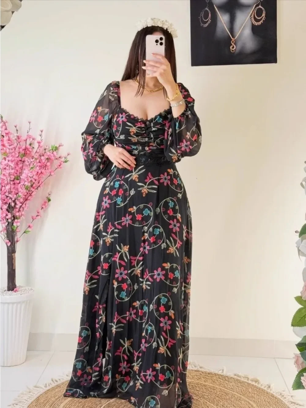 ชุดเดรสลายดอกไม้หวานๆ สำหรับผู้หญิง ชุดเดรสยาวแบบอาหรับ จาลาบียะห์ ชุดคลุมยาวสำหรับงานอีด รอมฎอน โมร็อกโก ชุดเดรสยาวสำหรับงานปาร์ตี้ ปี 2026 อาบายะห์ ดูไบ