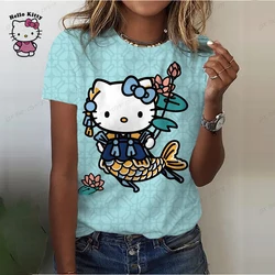 Hello Kitty Cartoon Print T Shirt Women Kawaii Graphic Shirts Casual Short Sleeved Colour Female Tee O-neck Harajuku T-shirts