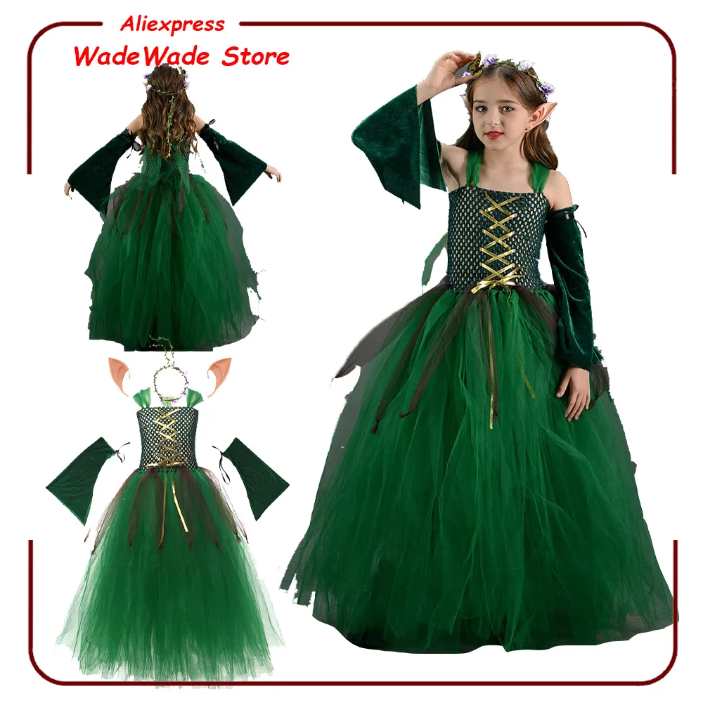 Niños Niñas elfo del bosque Cosplay tutú vestido verde niños princesa disfraz puesta en escena traje con orejas ropa de fiesta de Halloween