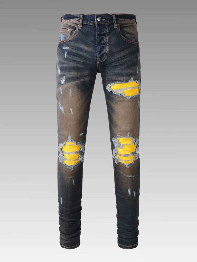 y2kFashionable new deep blue men's jeans with perforated patches, elastic slim fit tapered pants Y2K