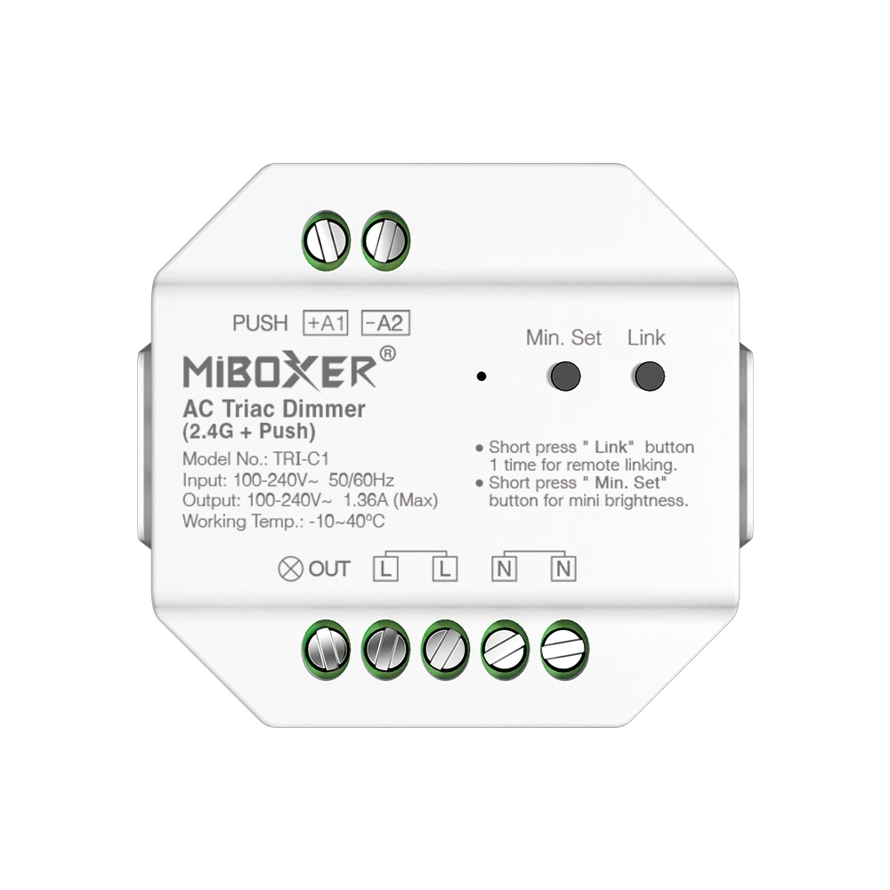Dimmer AC Triac MiBoxer TRI-C1 – Regulador RF 2.4G + Pulsador (Push) | Control Inteligente para Lámparas LED Regulables