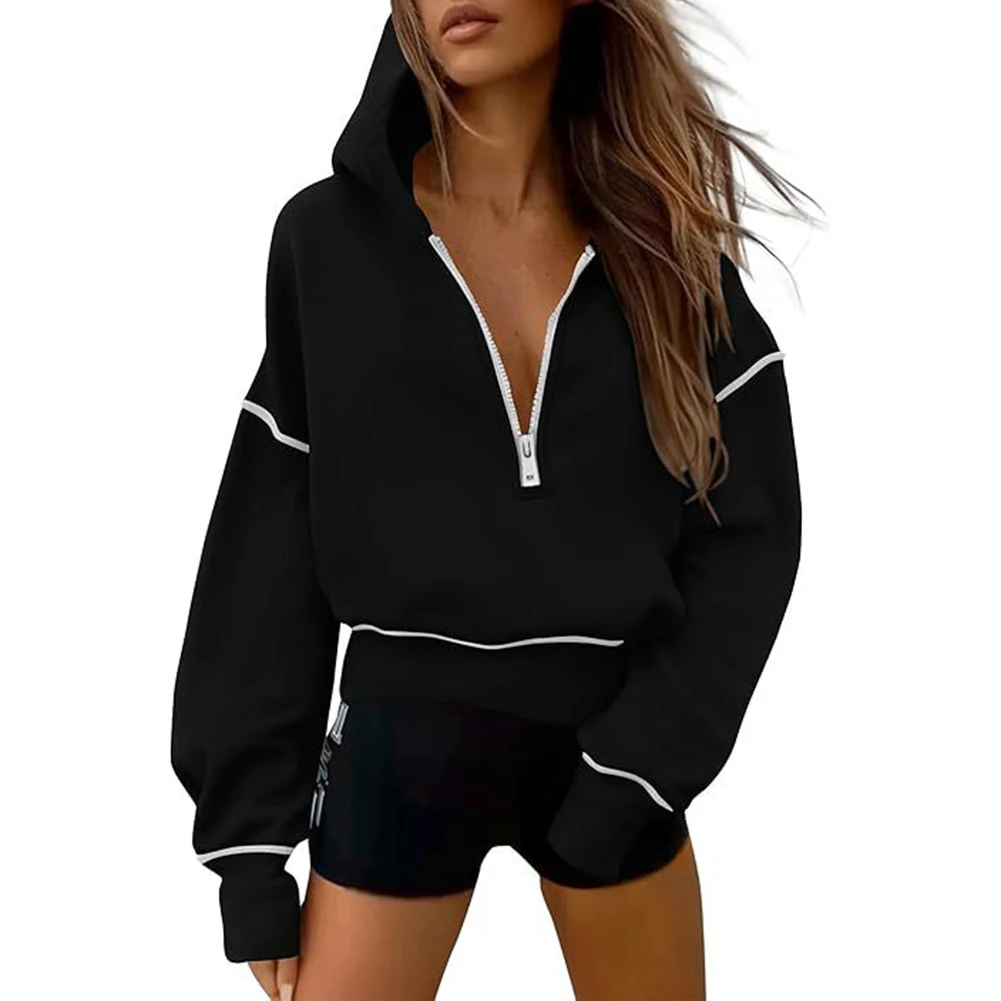 

Beach Club Holiday Outfits Black Long Sleeve Pullover Long Sleeve Top For Women Stylish Hooded Sweatshirt Hooded Neckline