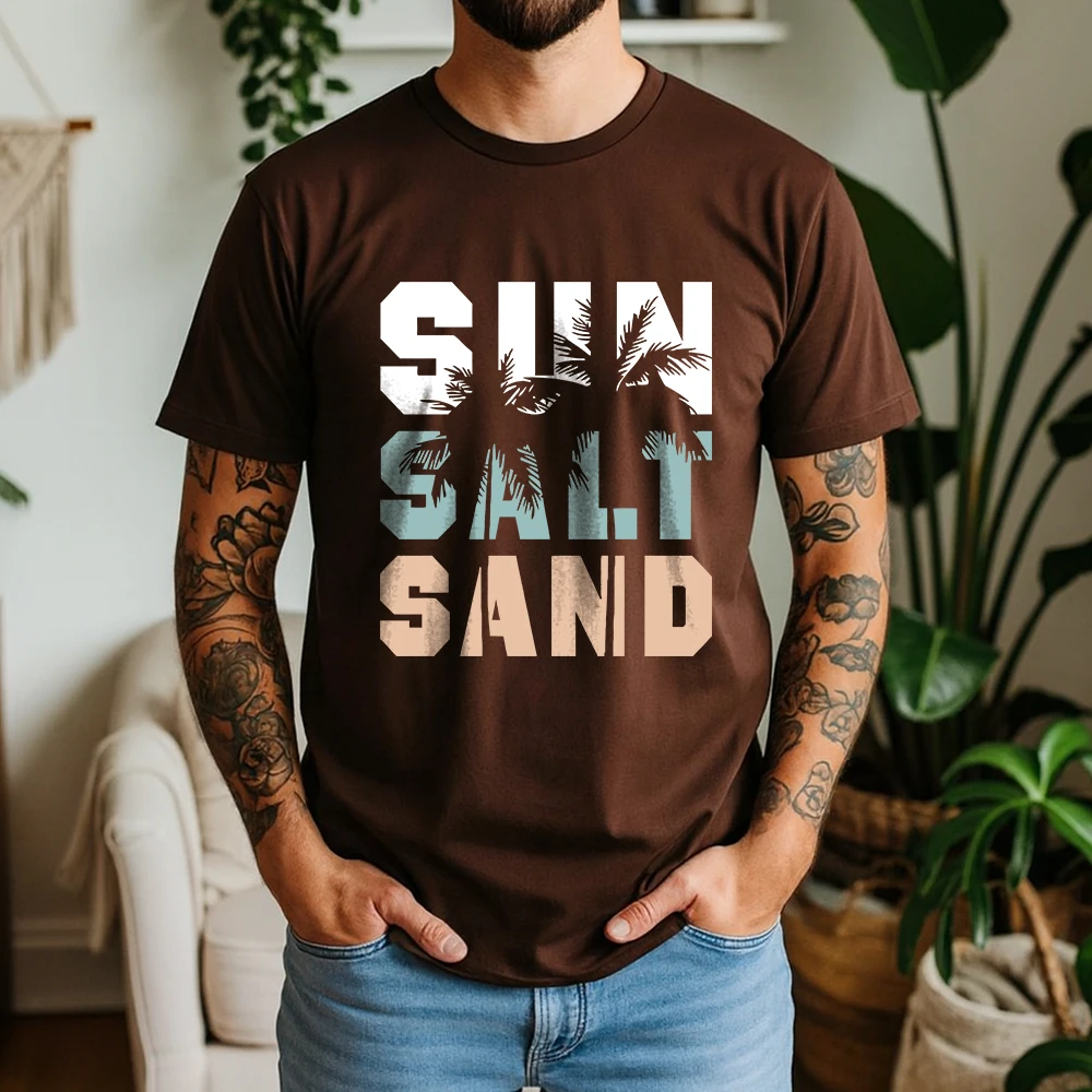 New Summer Men's 100% Pure Cotton T-Shirt Salt Sand Beach Tropical Retro Style Casual Tee Breathable Short Sleeve