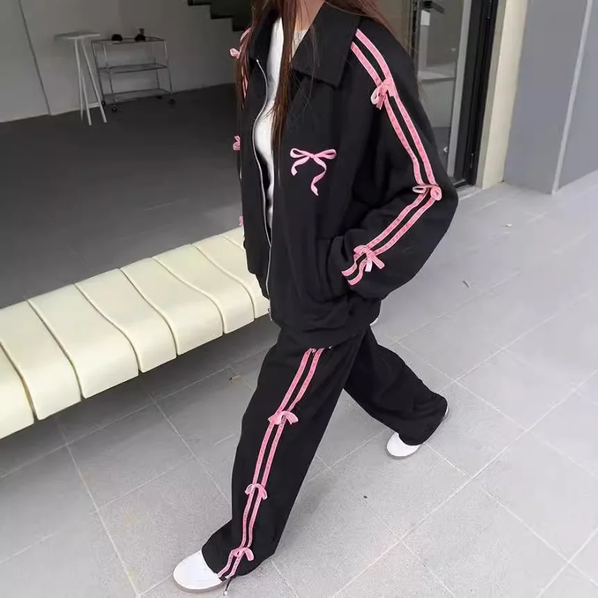 

Autumn new bow sweater set two-piece set American street casual zipper sweater high waist wide leg pants
