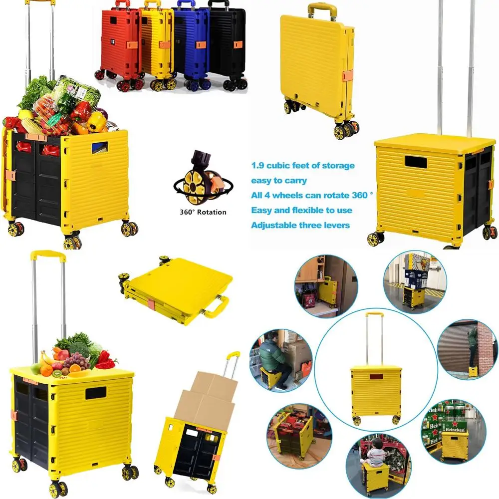 

Portable Folding Utility Cart with Lid, Noiseless Wheels, 360° Rotation for Shopping, Storage, and Office Use - Yellow