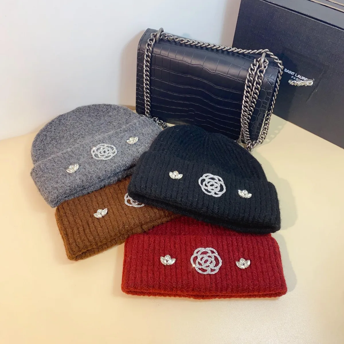 2024 Xiaoxiang Feng Shui Diamond Wool Blended Knitted Head Cap Warm Wool Material Winter Ear Protector Baotou Cold Hat for Women