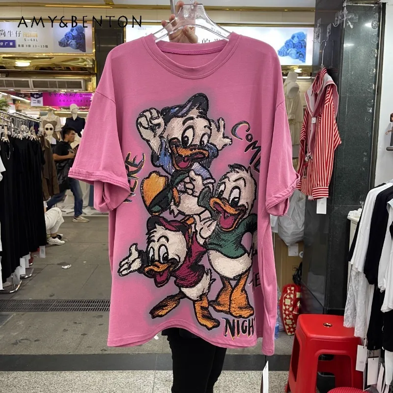 

2025 Spring Summer New Tees European Style Cartoon Pattern Design Sense Loose Short-sleeved T-shirts Women's Top Kawaii Clothes