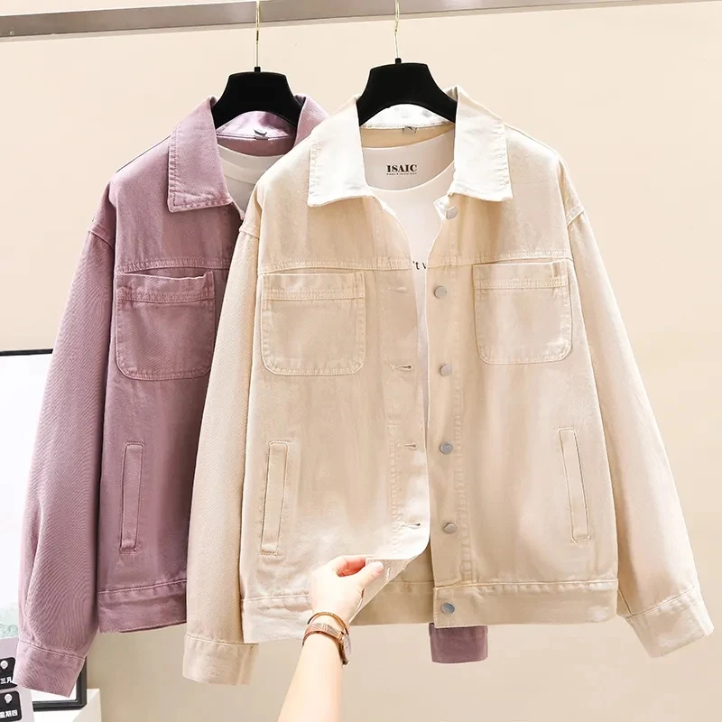 Women Denim Coat Spring Autumn New Long Sleeve Polo Neck Loose Jacket with Pocket Windproof Warm Chic Purple Jean Tops Outwear