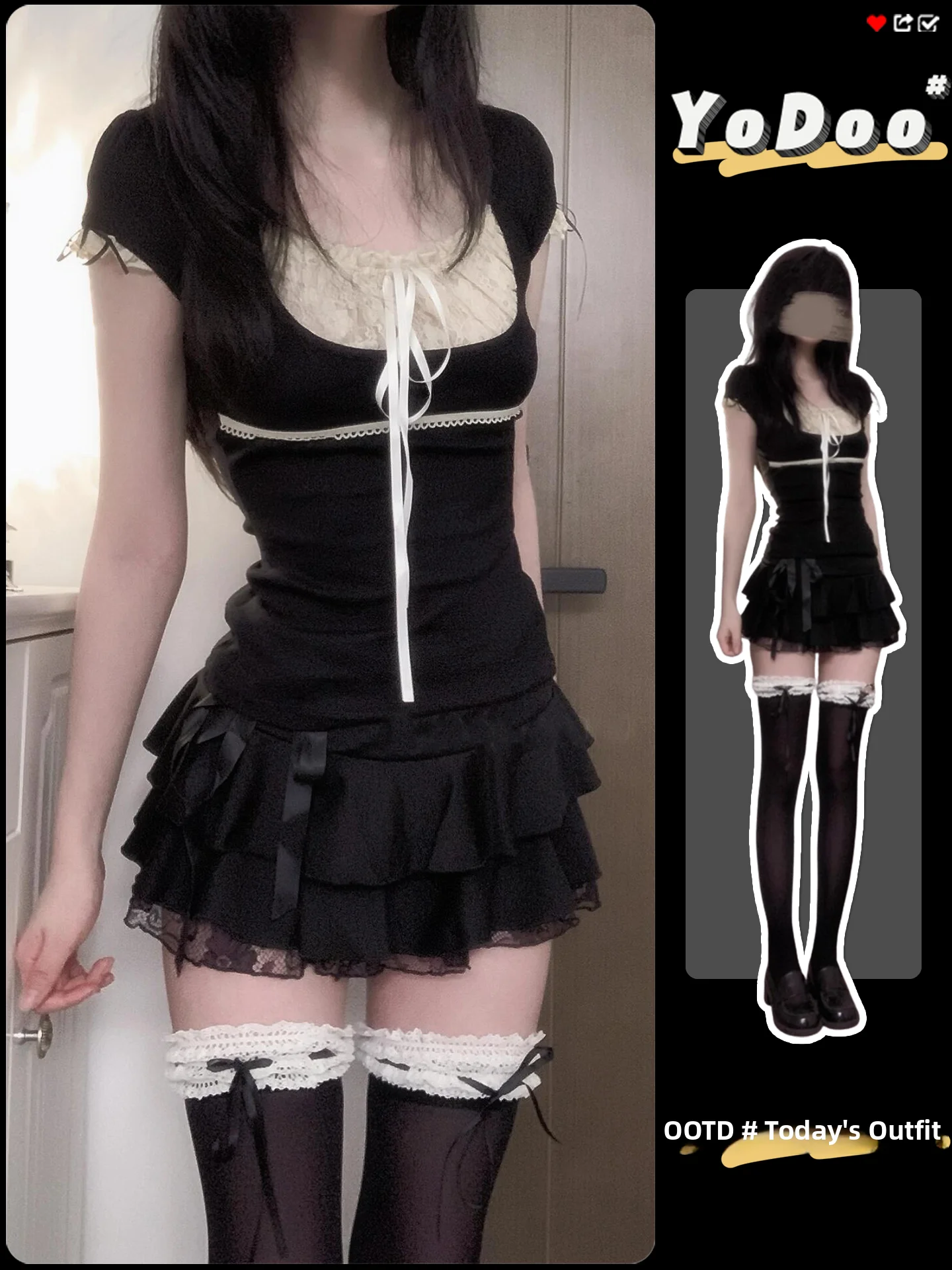 Early Home Style Women's Y2K Spring Summer Black Lace Top Skirt Set  Knot Short Dress Light Weight Breathable Casual