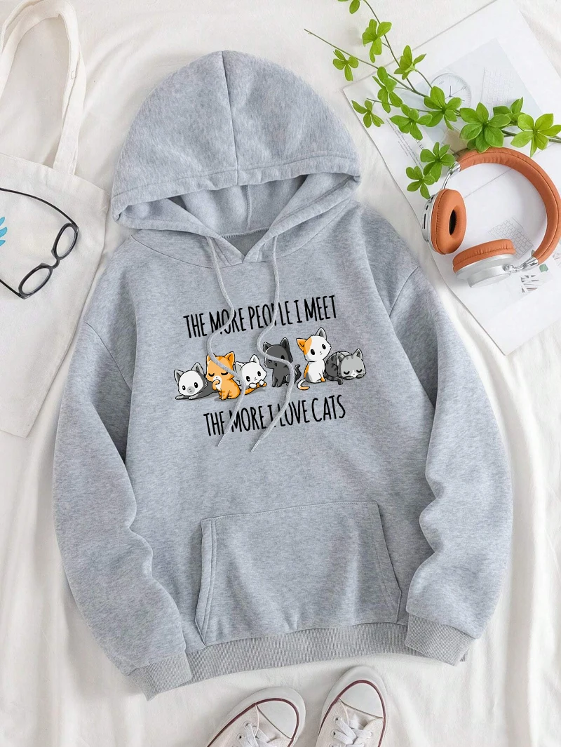 Kawaii Cat Hoodies Womens Cartoons Printing Sweatshirts Pocket Loose Fleece Warm Pullover Winter Comfortable Womans Clothing