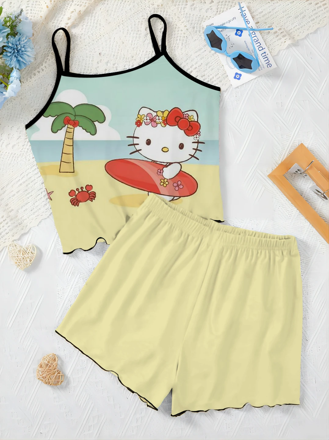 A two-piece set of edge wrapped nightgown and suspender with Disney cartoon elements, featuring a lettuce flower shaped skirt wi