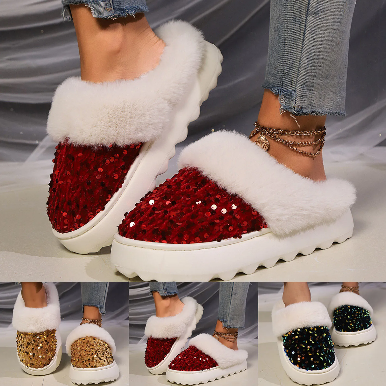 Women's Cotton Slippers 2024 Winter Sequins Plush Warm Home Cotton Slipper Thick Bottom Anti Slip Comfort Floor Indoor Shoes