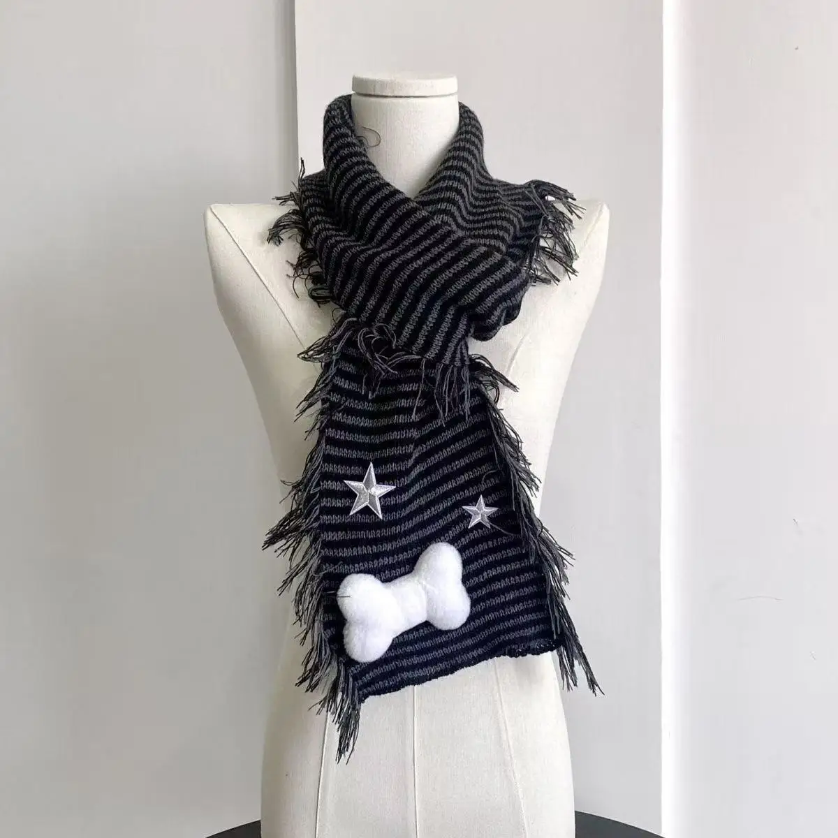 Black Grey Striped Fringe Knit Scarf 3D Plush Bone Decor Silver Star Patch Tassel Edge Warm Neck Wrap Casual Winter Street Shawl