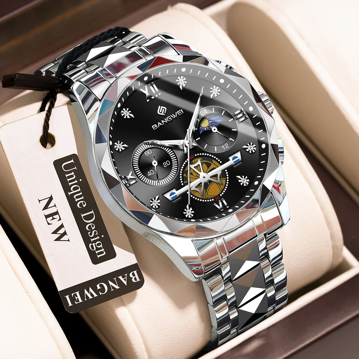 BANGWEI 2026 TOP Men's Watch Fashion Business Quartz Luminous Waterproof Moon Phase Luxury Watches Gift For Men reloj hommes+BOX