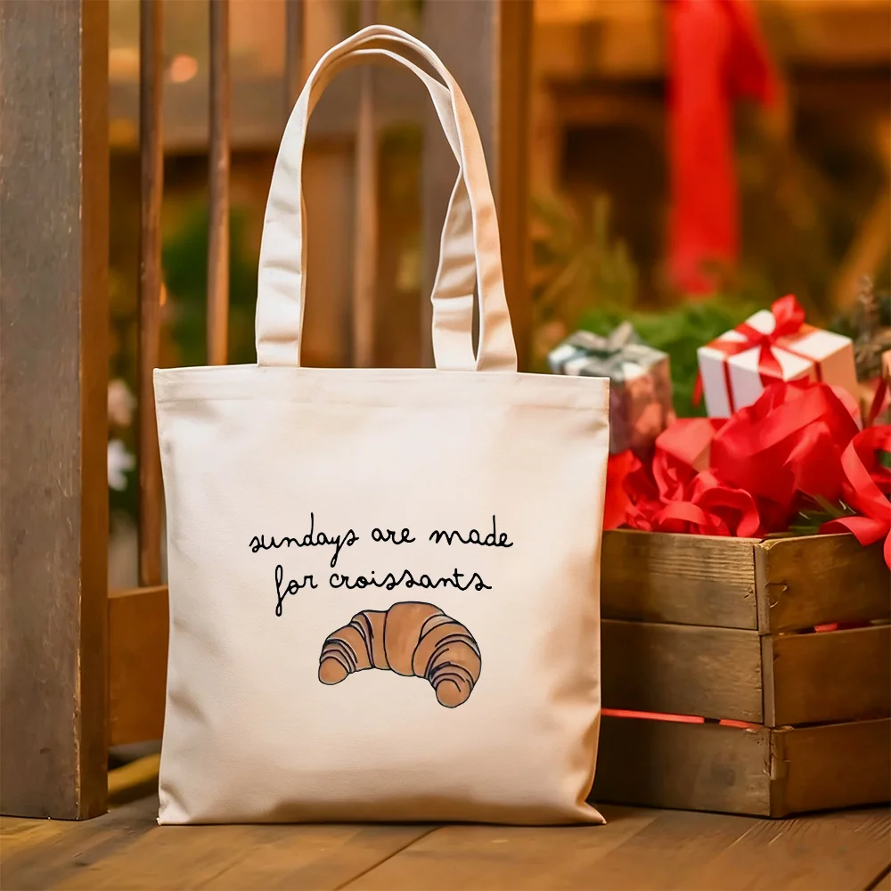 

"Sundays Are Made for Croissants" Tote Bag Large Capacity Durable Canvas Shoulder Bag with Croissant Reusable Grocery Bags