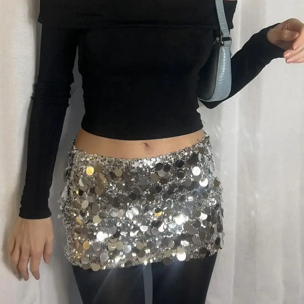 Women Shiny Sequins Mini Skirt Summer Sexy Low Waist Elastic Bodycon Skirt for Beaches Club Streetwear Glitters Short Skirt