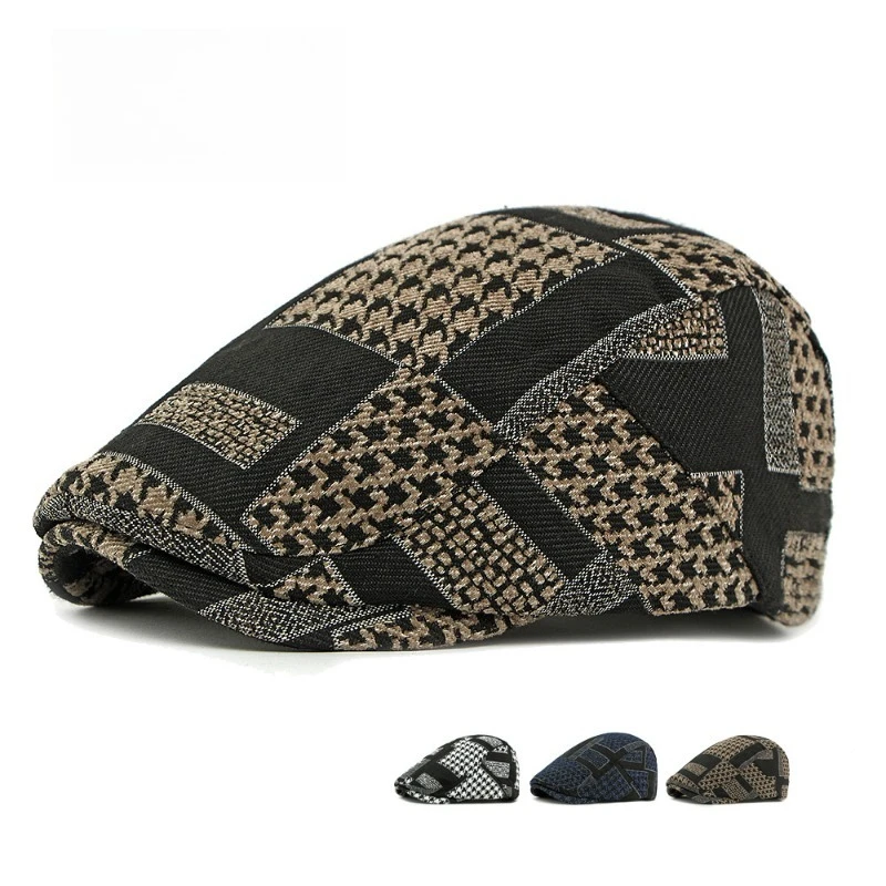 Herren Vintage Karierte Patchwork Flatcap Verstellbare Britische Stil Baskenmütze Gentleman Retro Newsboy Cap Outdoor Fahrer Cabbie Ivy Hut