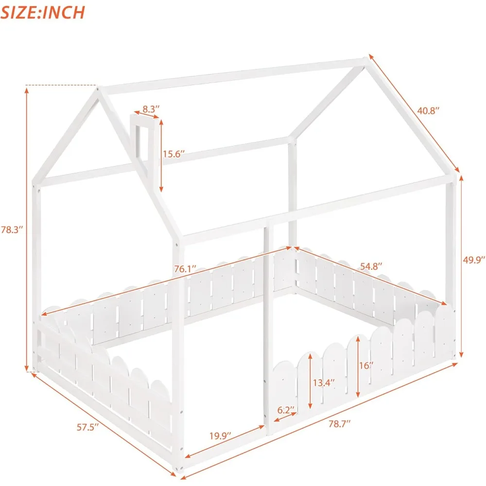 Full Size House Bed for Kids,Montessori Bed Full Size with Fence-Shaped Guardrails, Wood Toddler Full Floor Beds Frames